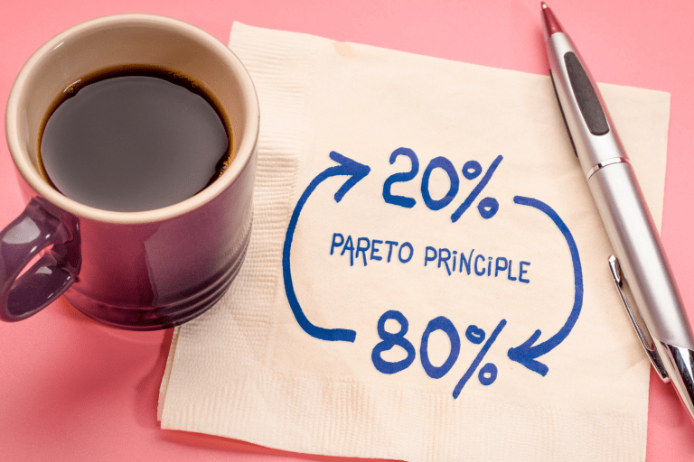 A mug of coffee on a napkin which has 80% 20% wirtten on it.