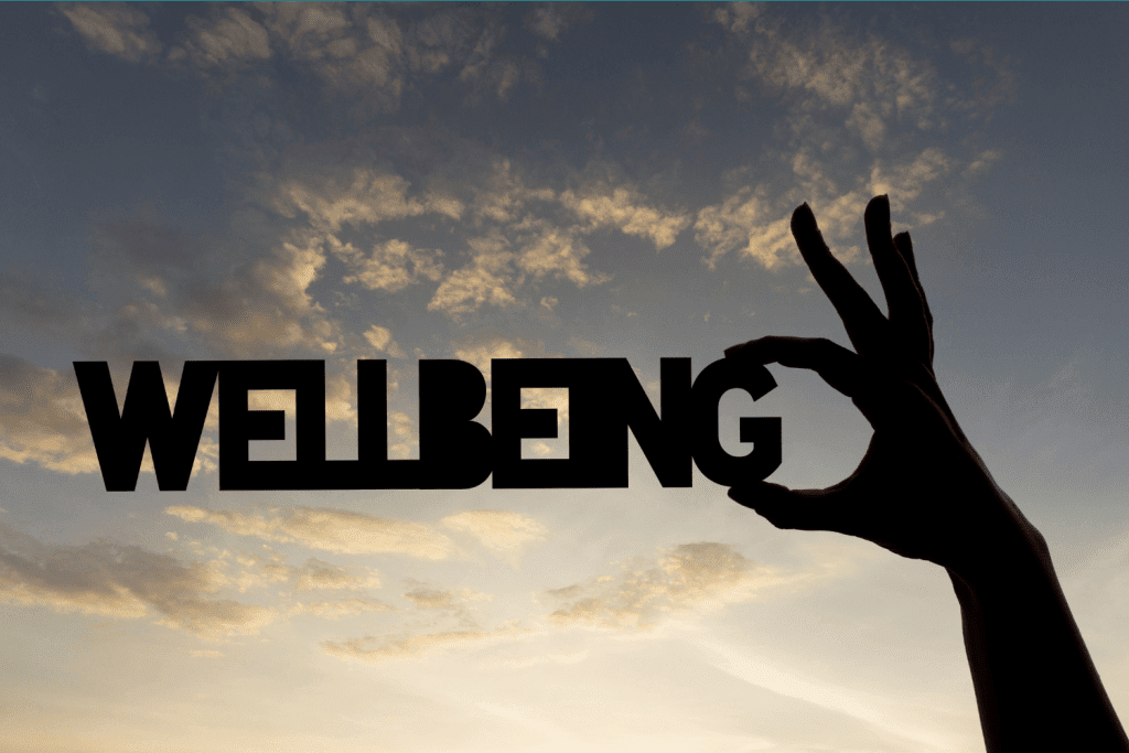 a person holding up a sign that says well being.