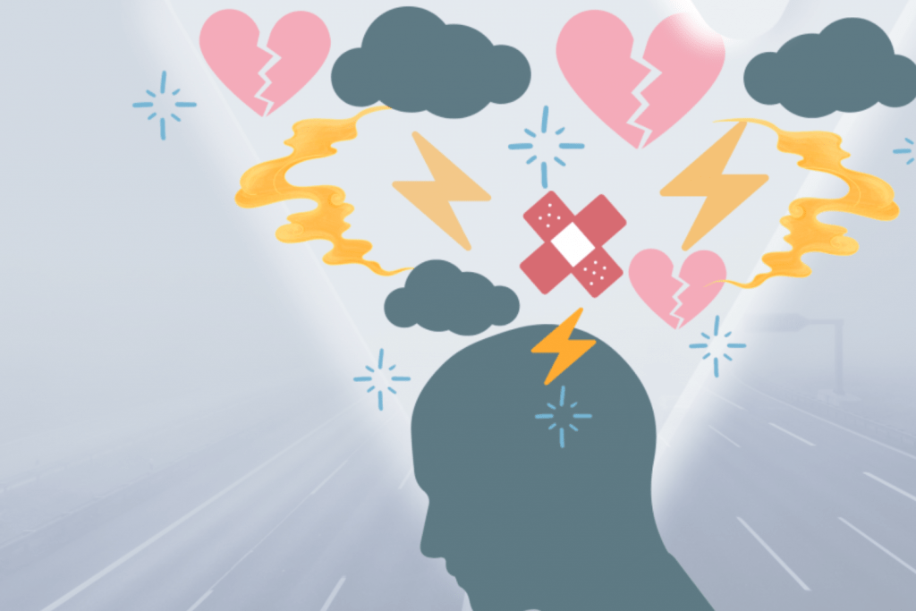 a man's head with hearts and lightning coming out of it.