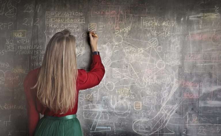 a woman is writing on a blackboard with chalk.